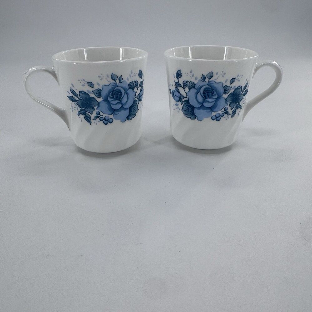2 Vintage CORELLE Corning Ware Blue Velvet Roses Coffee Cups Fast Shipping
